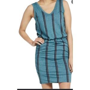 Sundry Heathered Green Striped Hemp Blend Ruched Sleeveless Ruched Dress Medium